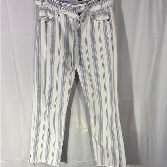 Citizens of Humanity White and Blue Straight Leg Jeans with Stripes and Belt - Picture 1 of 12
